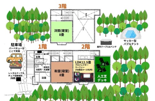 Nasu House | オークヴィラ那須-Oak Villa Nasu 森林浴 バブルテント プライベート空間 100インチ映像 轟音サウンド 人工芝デッキ